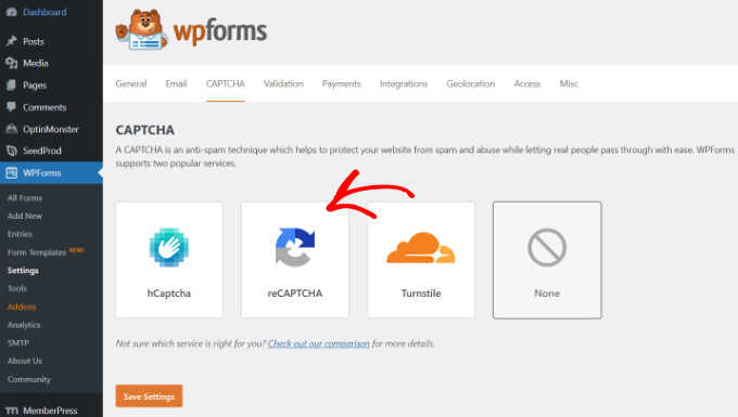 WPForms 中的驗(yàn)證碼設(shè)置