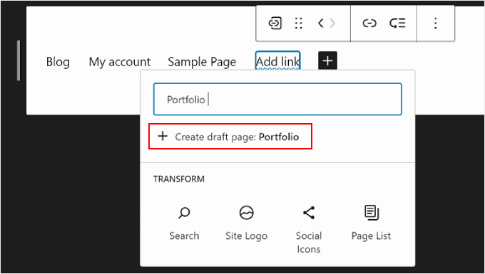 在 WordPress 全站編輯器中為導航菜單創建草稿頁面