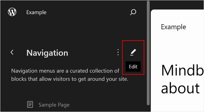 單擊WordPress全站編輯中導航的鉛筆編輯按鈕