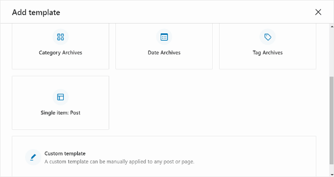 選擇要使用 WordPress 全站編輯自定義的頁面模板